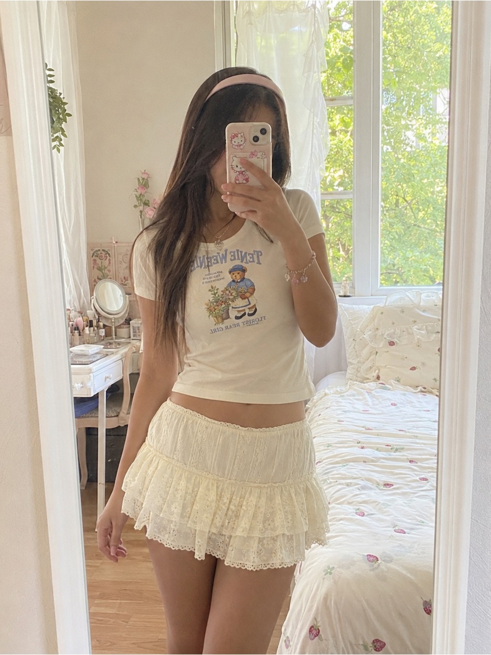 Teenie Weenie Bear Graphic Baby Tee Cream Blue Coquette Y2K Top